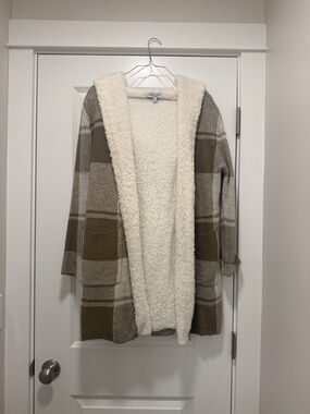Sweet Rain Plaid Sherpa-Lined Open Cardigan - Cream & Brown